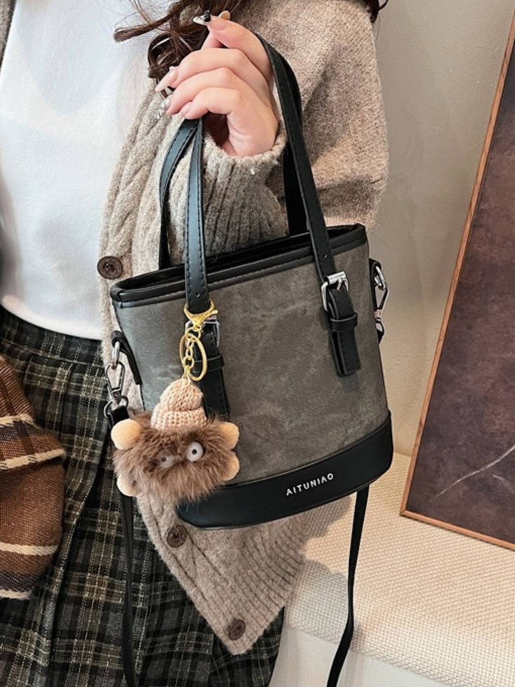 Women's Casual Bucket Crossbody Bag Mini Pu Leather Double Handles Purses