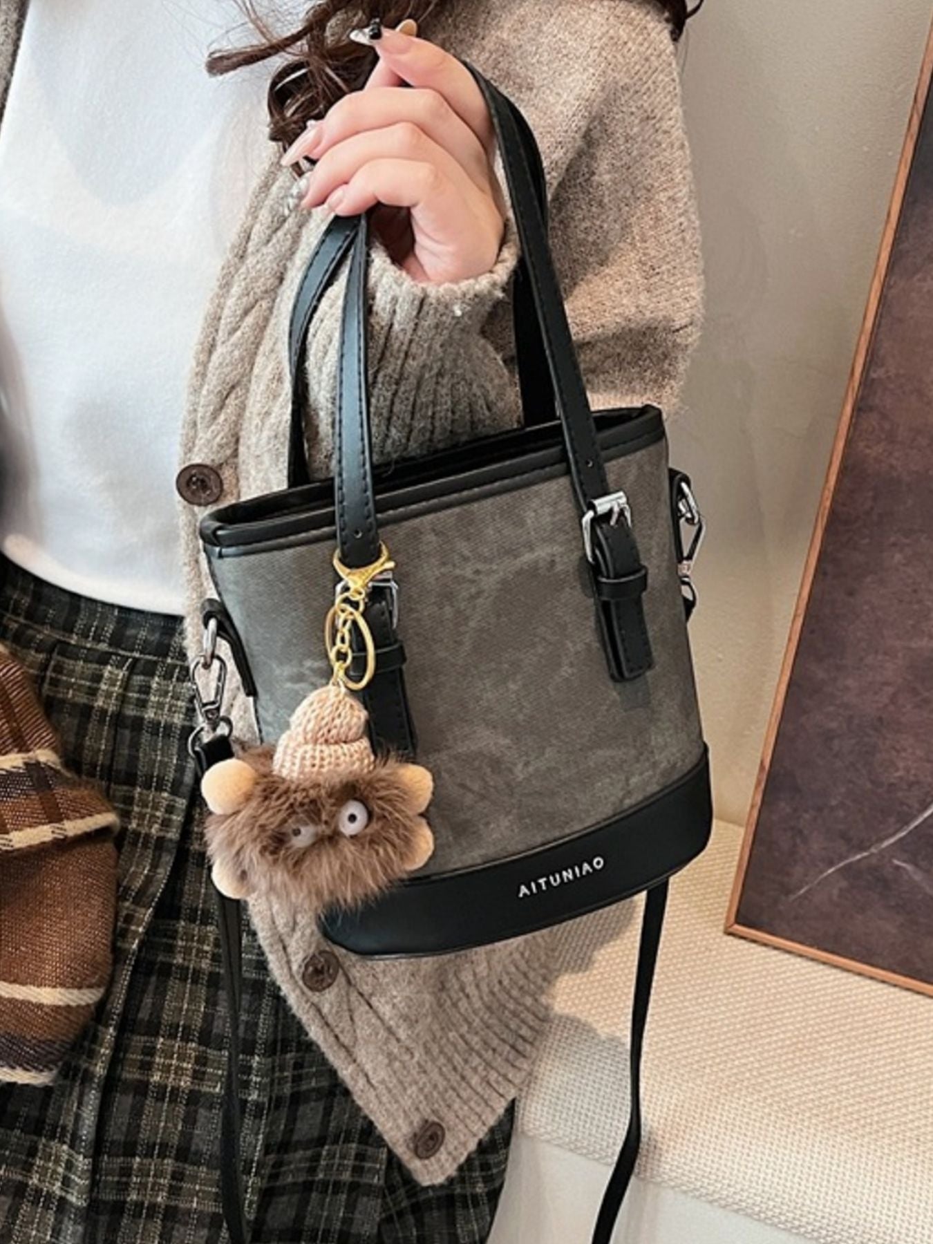 Women's Casual Bucket Crossbody Bag Mini Pu Leather Double Handles Purses