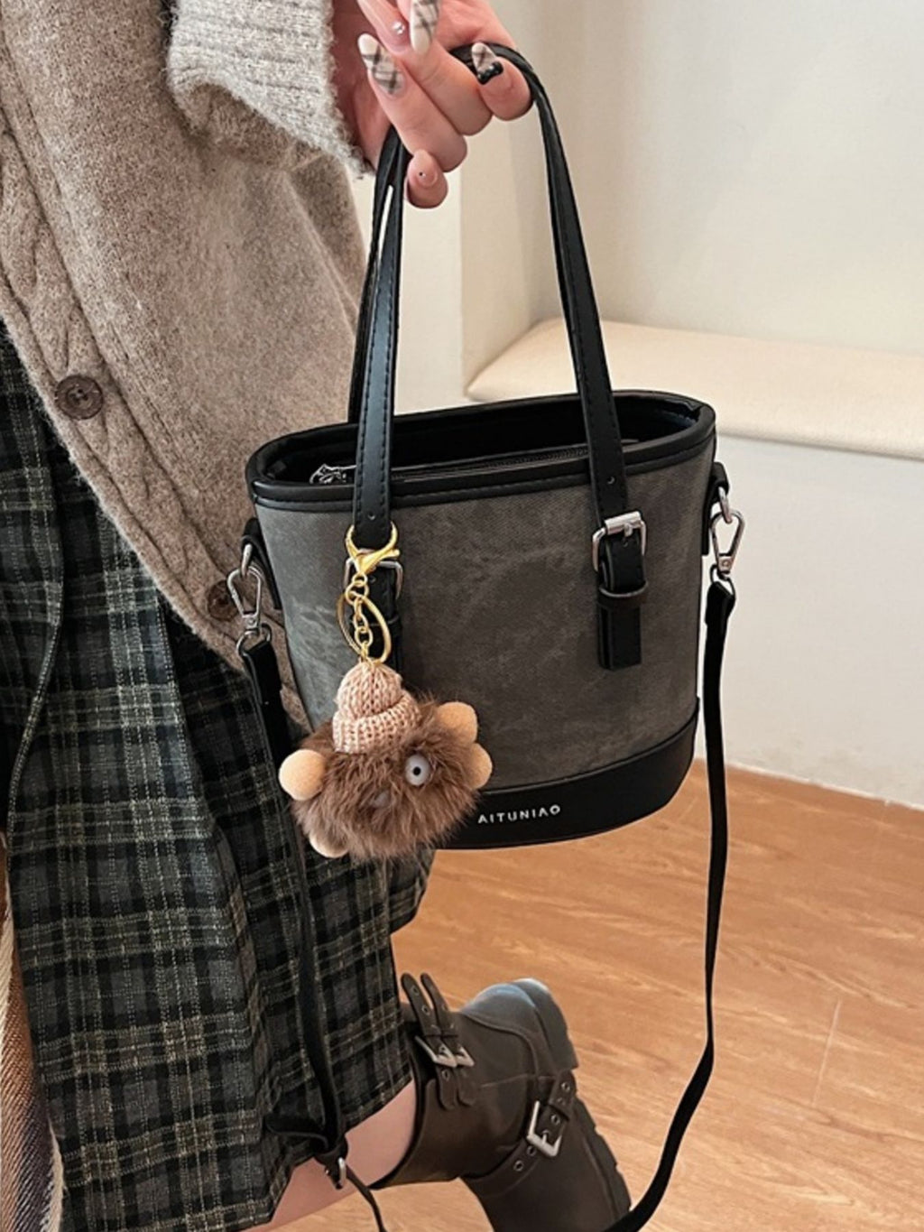 Women's Casual Bucket Crossbody Bag Mini Pu Leather Double Handles Purses