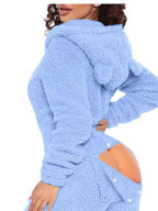 Women's Fleece Jumpsuit Hooded Zip V-Neck Open Back Snap Long Sleeve Overall