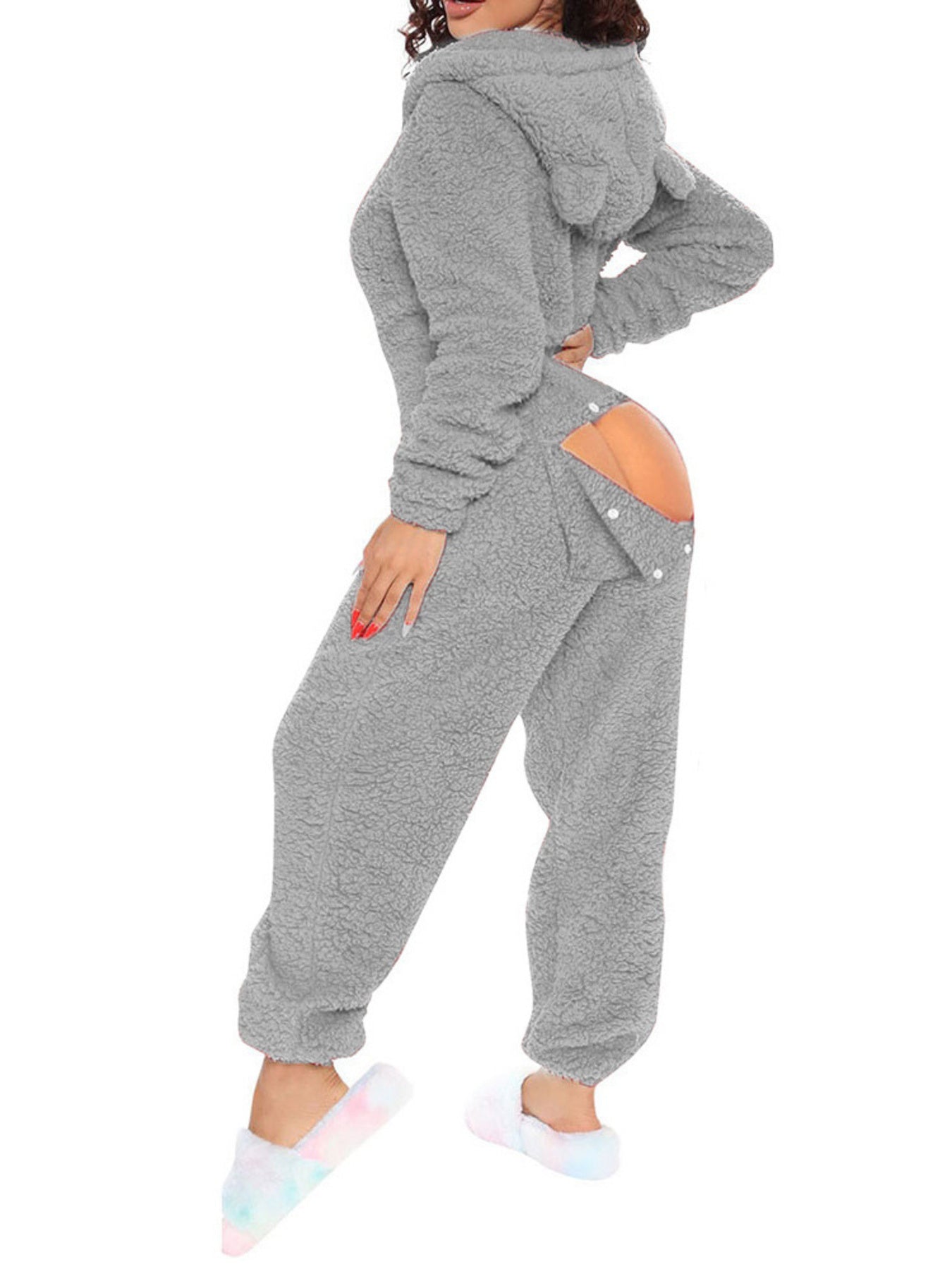 Women's Fleece Jumpsuit Hooded Zip V-Neck Open Back Snap Long Sleeve Overall