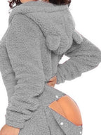 Women's Fleece Jumpsuit Hooded Zip V-Neck Open Back Snap Long Sleeve Overall