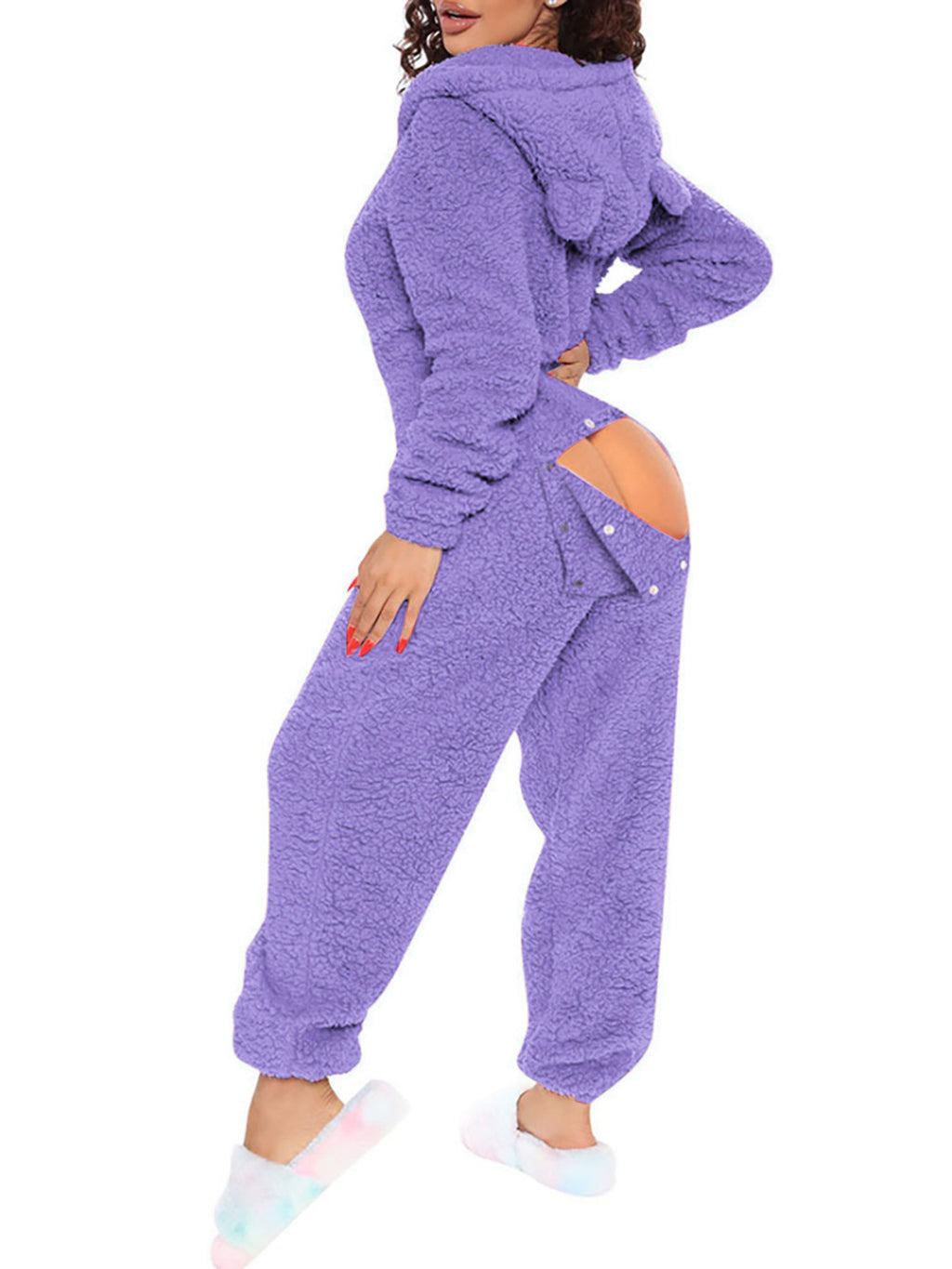 Women's Fleece Jumpsuit Hooded Zip V-Neck Open Back Snap Long Sleeve Overall