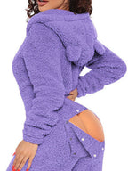 Women's Fleece Jumpsuit Hooded Zip V-Neck Open Back Snap Long Sleeve Overall
