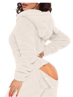 Women's Fleece Jumpsuit Hooded Zip V-Neck Open Back Snap Long Sleeve Overall