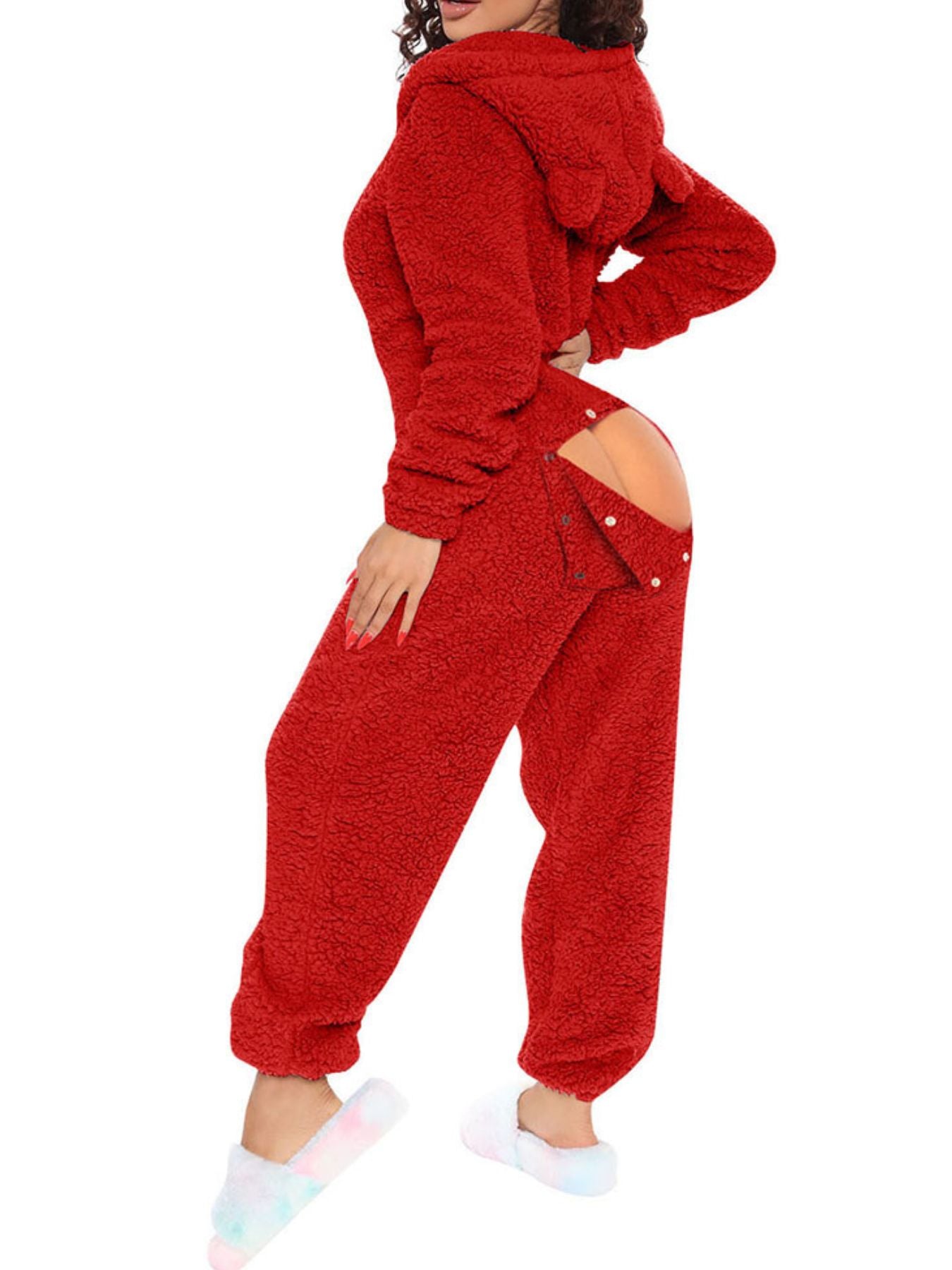 Women's Fleece Jumpsuit Hooded Zip V-Neck Open Back Snap Long Sleeve Overall