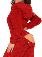 Women's Fleece Jumpsuit Hooded Zip V-Neck Open Back Snap Long Sleeve Overall