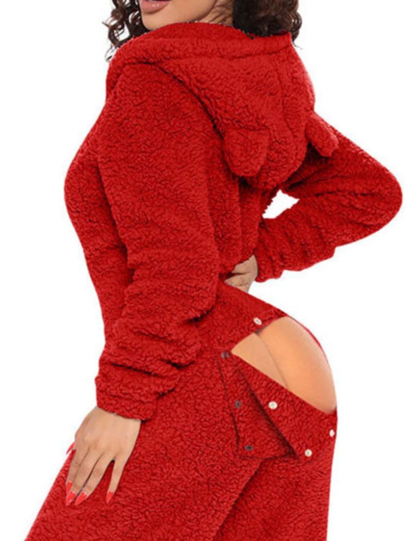 Women's Fleece Jumpsuit Hooded Zip V-Neck Open Back Snap Long Sleeve Overall