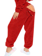 Women's Fleece Jumpsuit Hooded Zip V-Neck Open Back Snap Long Sleeve Overall