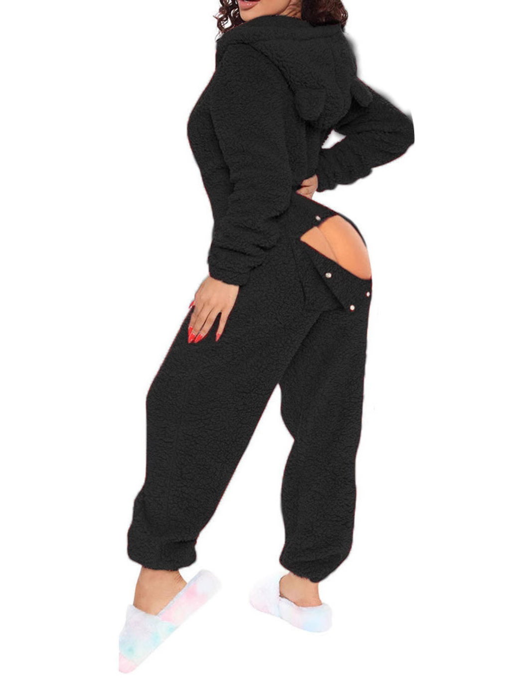 Women's Fleece Jumpsuit Hooded Zip V-Neck Open Back Snap Long Sleeve Overall