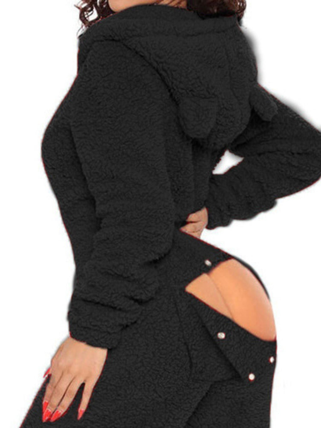 Women's Fleece Jumpsuit Hooded Zip V-Neck Open Back Snap Long Sleeve Overall
