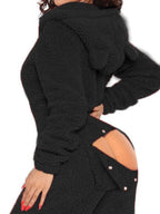 Women's Fleece Jumpsuit Hooded Zip V-Neck Open Back Snap Long Sleeve Overall