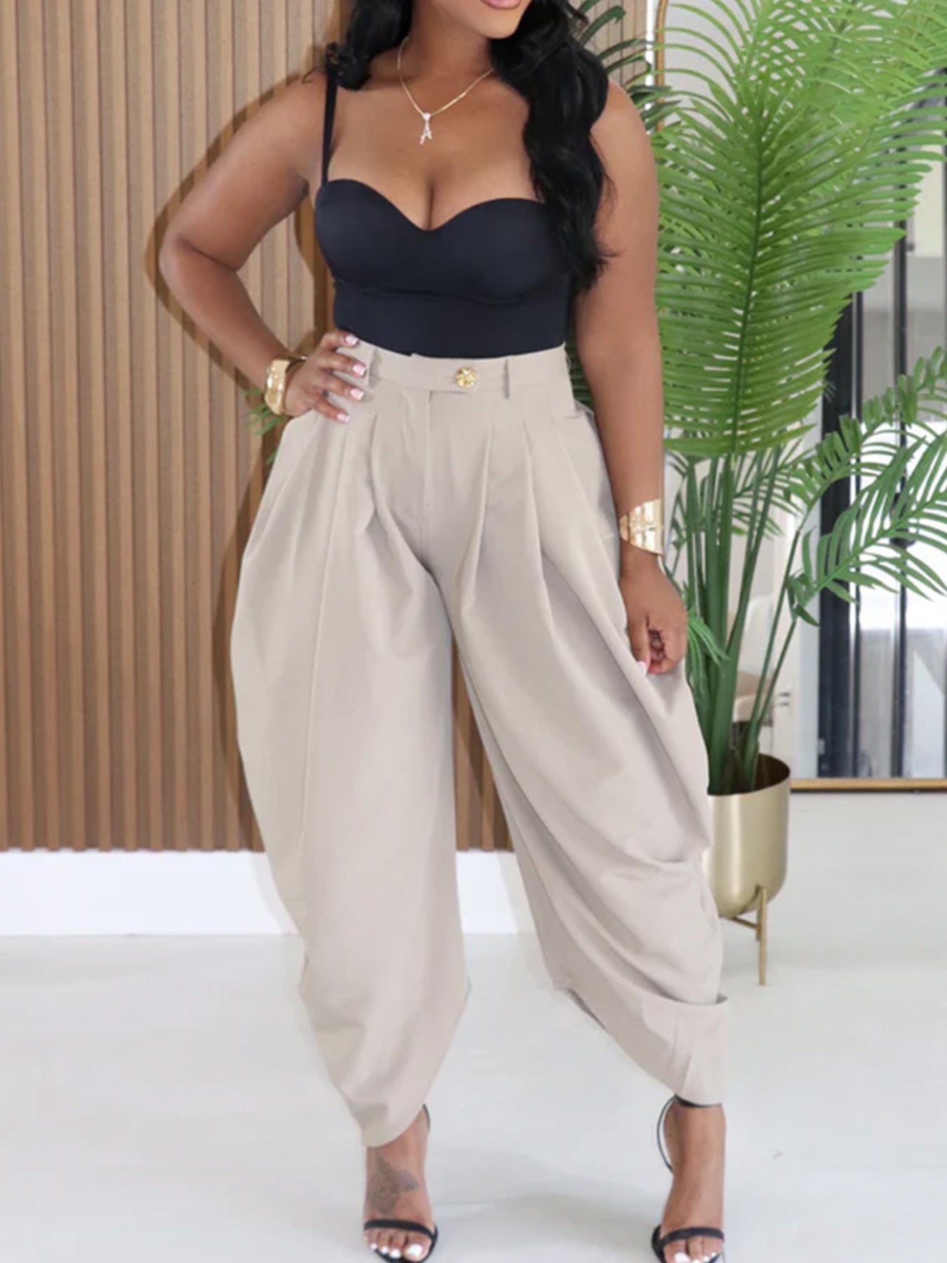 Women's Fashion Pleated Pants High-Waisted Wide Leg Balloon Casual Trousers