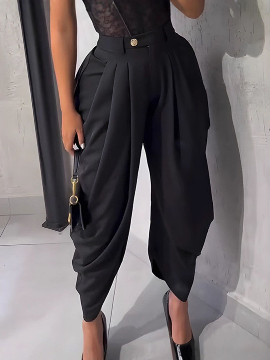 Women's Fashion Pleated Pants High-Waisted Wide Leg Balloon Casual Trousers