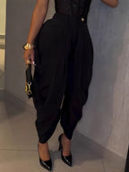 Women's Fashion Pleated Pants High-Waisted Wide Leg Balloon Casual Trousers