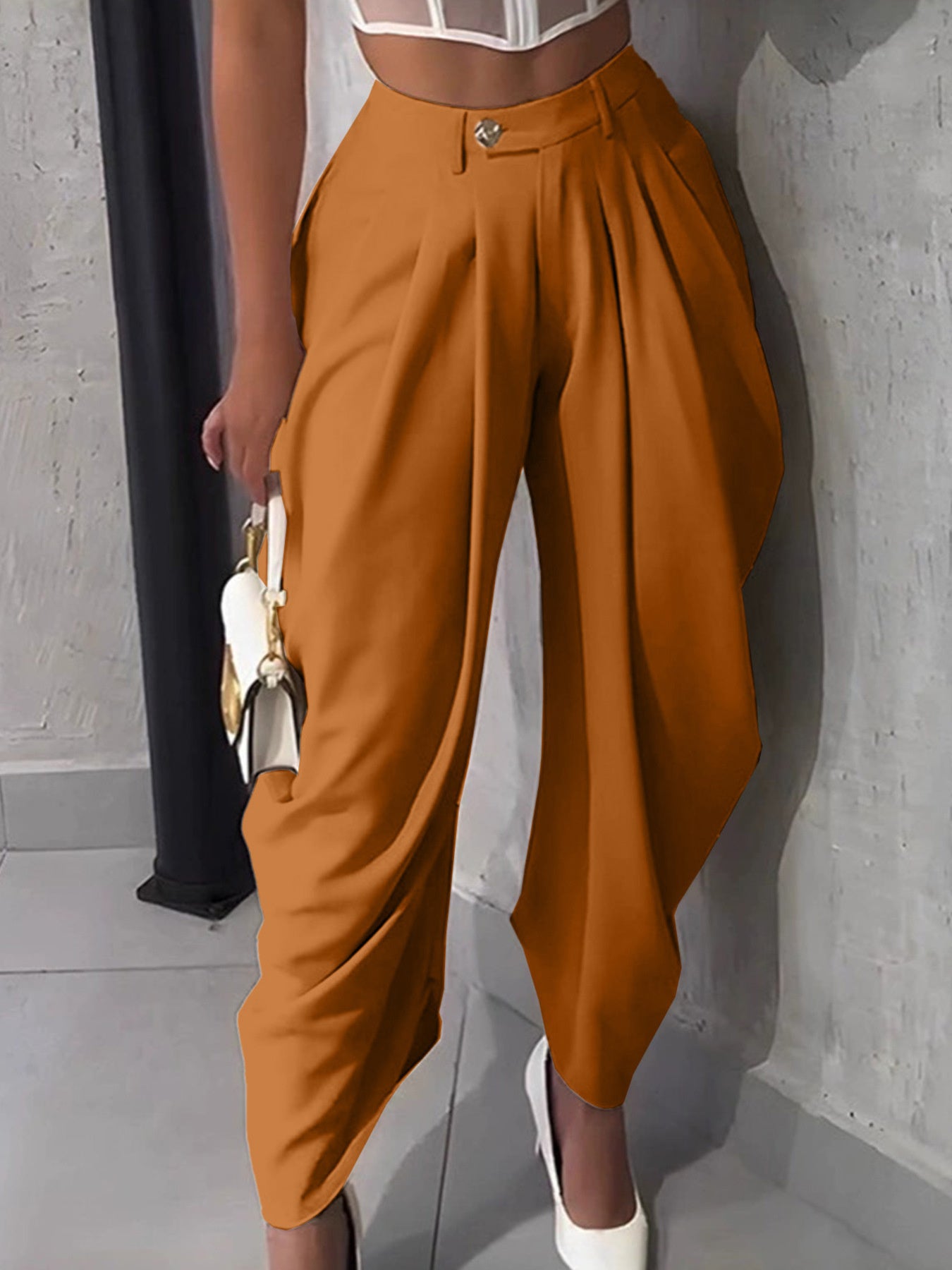 Women's Fashion Pleated Pants High-Waisted Wide Leg Balloon Casual Trousers