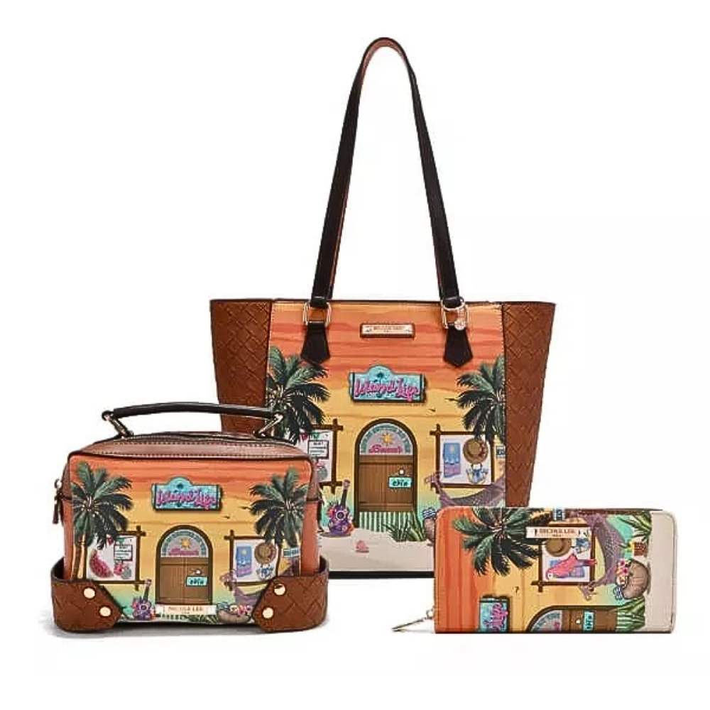 Nicole Lee USA 3 Pcs Set Bags Vegan Leather Summer Sand Print Wallet Tote