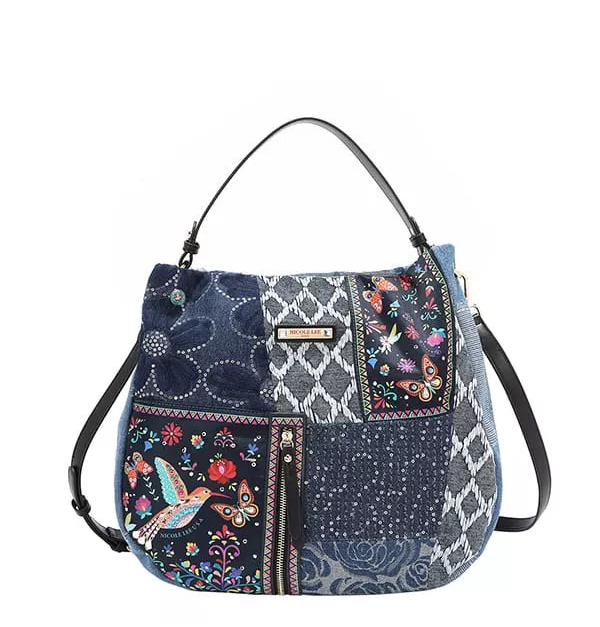Nicole Lee USA Bosque De Amor Denim Hobo Bag Embellished Slouchy Shoulder Purse - Styleinger