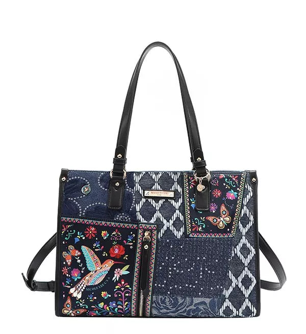 Nicole Lee USA Bosque de Amor Denim Tote Bag Medium Embellished Denim Purse - Styleinger