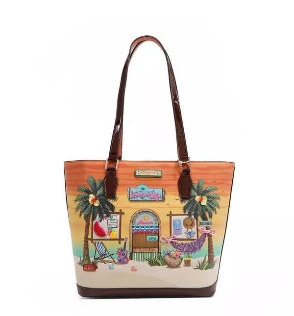 Nicole Lee USA Shopper Bag Tropical Beach House Print Vegan Leather Women Tote - Styleinger