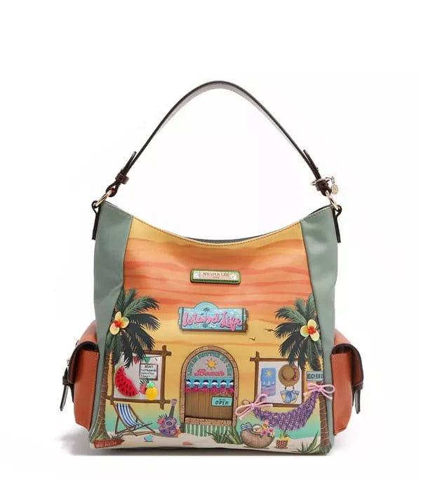 Nicole Lee USA Sun and Sand Hobo Handbag Tropical Beach Print Vegan Leather Bag - Styleinger