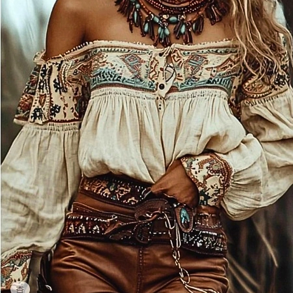 Off-Shoulder Embroidered Blouse Boho Long Ballon Sleeve Ruffle Lightweight Top