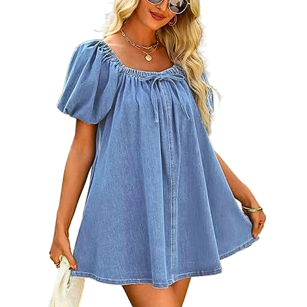 Off Shoulder Denim Mini Dress Ruffle Short Balloon Sleeves Casual Lightweight