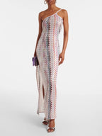 Summer Sleeveless Maxi Dress Multicolor Stripe Slit Zigzag Backless Side Slit