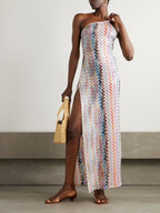 Summer Sleeveless Maxi Dress Multicolor Stripe Slit Zigzag Backless Side Slit
