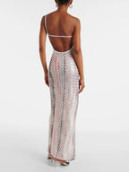 Summer Sleeveless Maxi Dress Multicolor Stripe Slit Zigzag Backless Side Slit