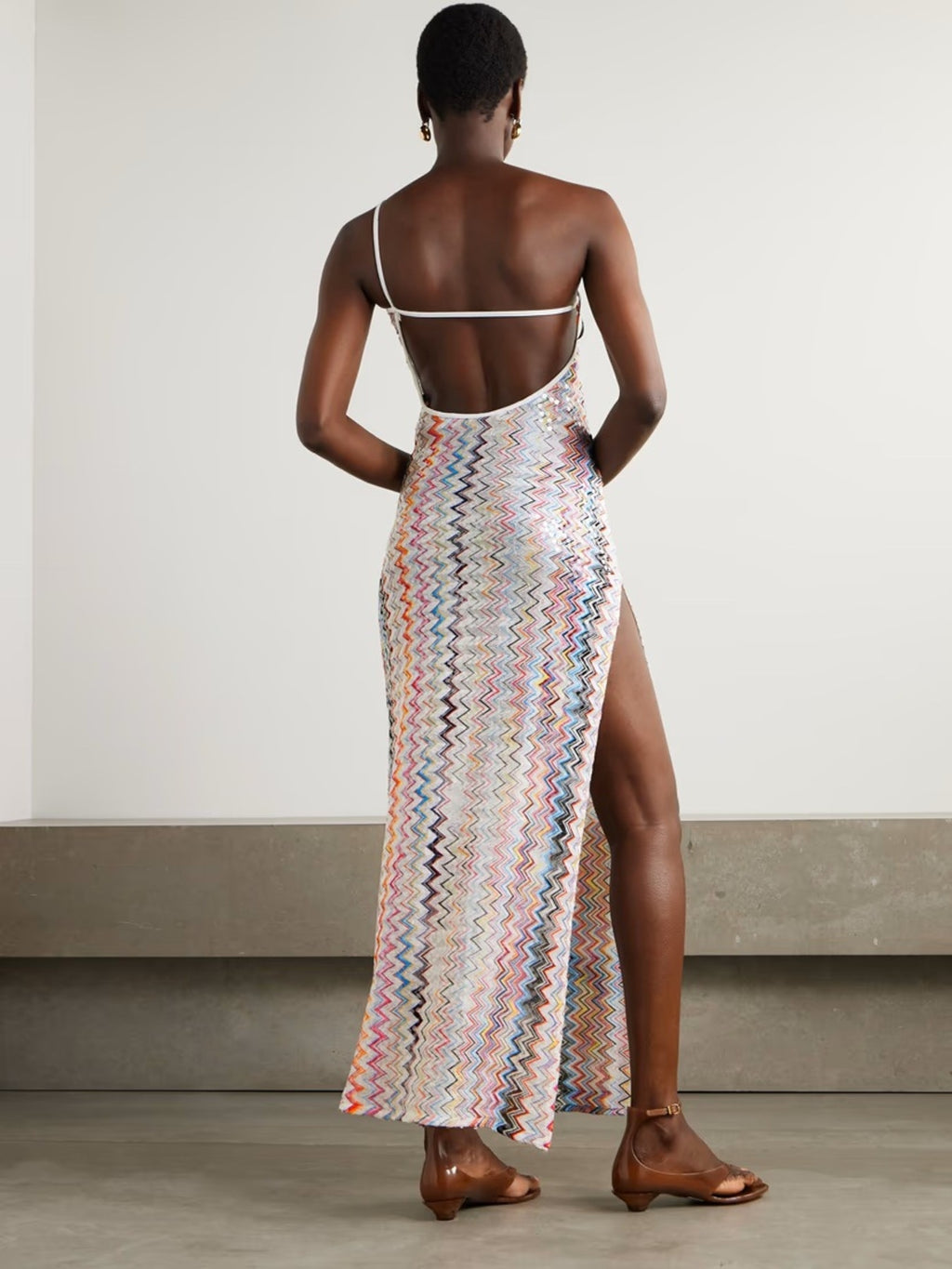 Summer Sleeveless Maxi Dress Multicolor Stripe Slit Zigzag Backless Side Slit