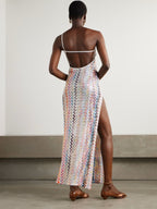 Summer Sleeveless Maxi Dress Multicolor Stripe Slit Zigzag Backless Side Slit