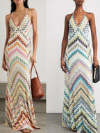 Maxi Dress V-Neck Multicolor Striped Backless Spaghetti Strap Sleeveless Party