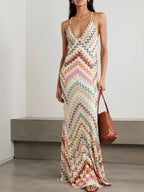 Maxi Dress V-Neck Multicolor Striped Backless Spaghetti Strap Sleeveless Party