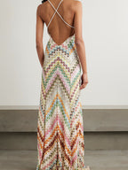 Maxi Dress V-Neck Multicolor Striped Backless Spaghetti Strap Sleeveless Party
