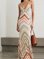 Maxi Dress V-Neck Multicolor Striped Backless Spaghetti Strap Sleeveless Party