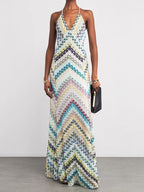 Maxi Dress V-Neck Multicolor Striped Backless Spaghetti Strap Sleeveless Party