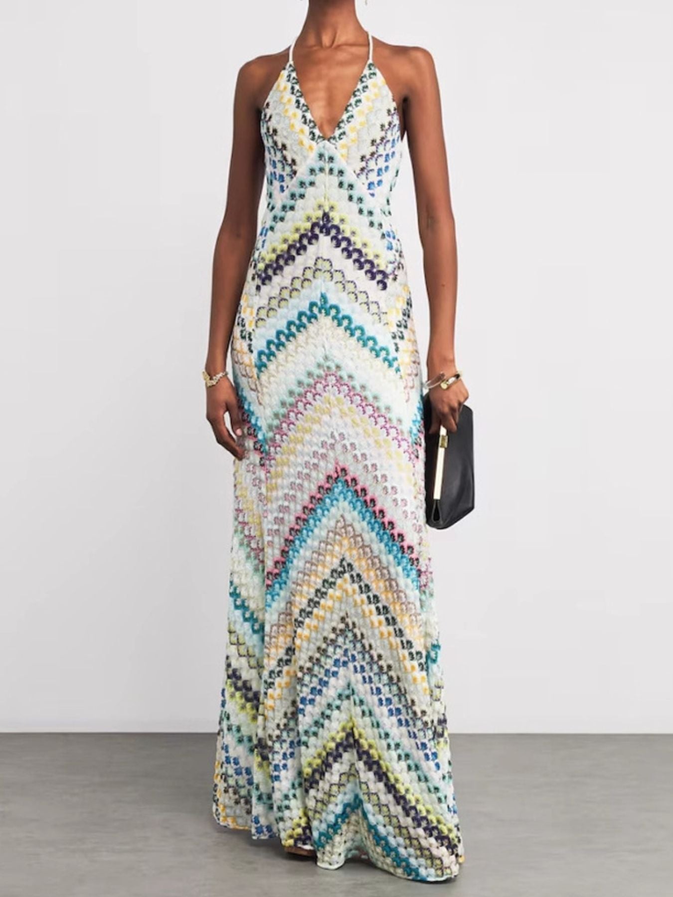 Maxi Dress V-Neck Multicolor Striped Backless Spaghetti Strap Sleeveless Party