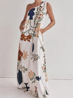 Bohemian Summer Maxi Dress Floral One-Shoulder Bow Tie Loose Pocketd