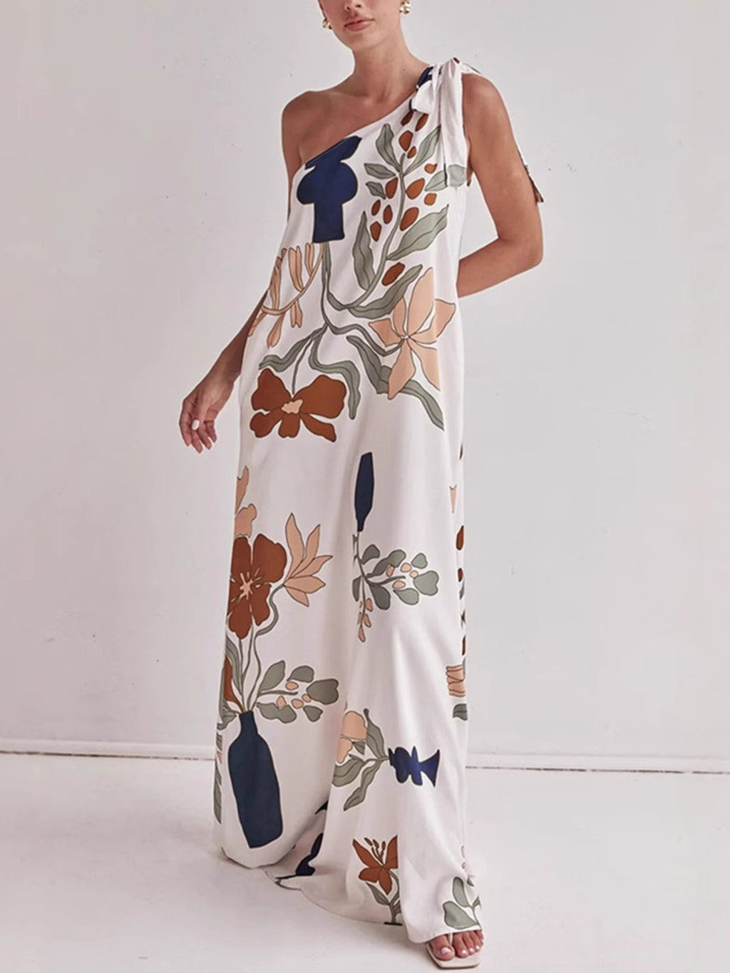 Bohemian Summer Maxi Dress Floral One-Shoulder Bow Tie Loose Pocketd