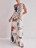Bohemian Summer Maxi Dress Floral One-Shoulder Bow Tie Loose Pocketd