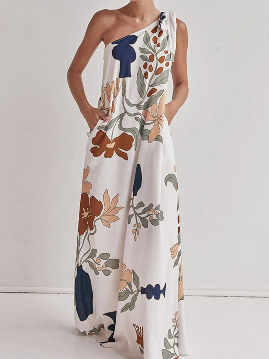 Bohemian Summer Maxi Dress Floral One-Shoulder Bow Tie Loose Pocketd