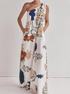 Bohemian Summer Maxi Dress Floral One-Shoulder Bow Tie Loose Pocketd
