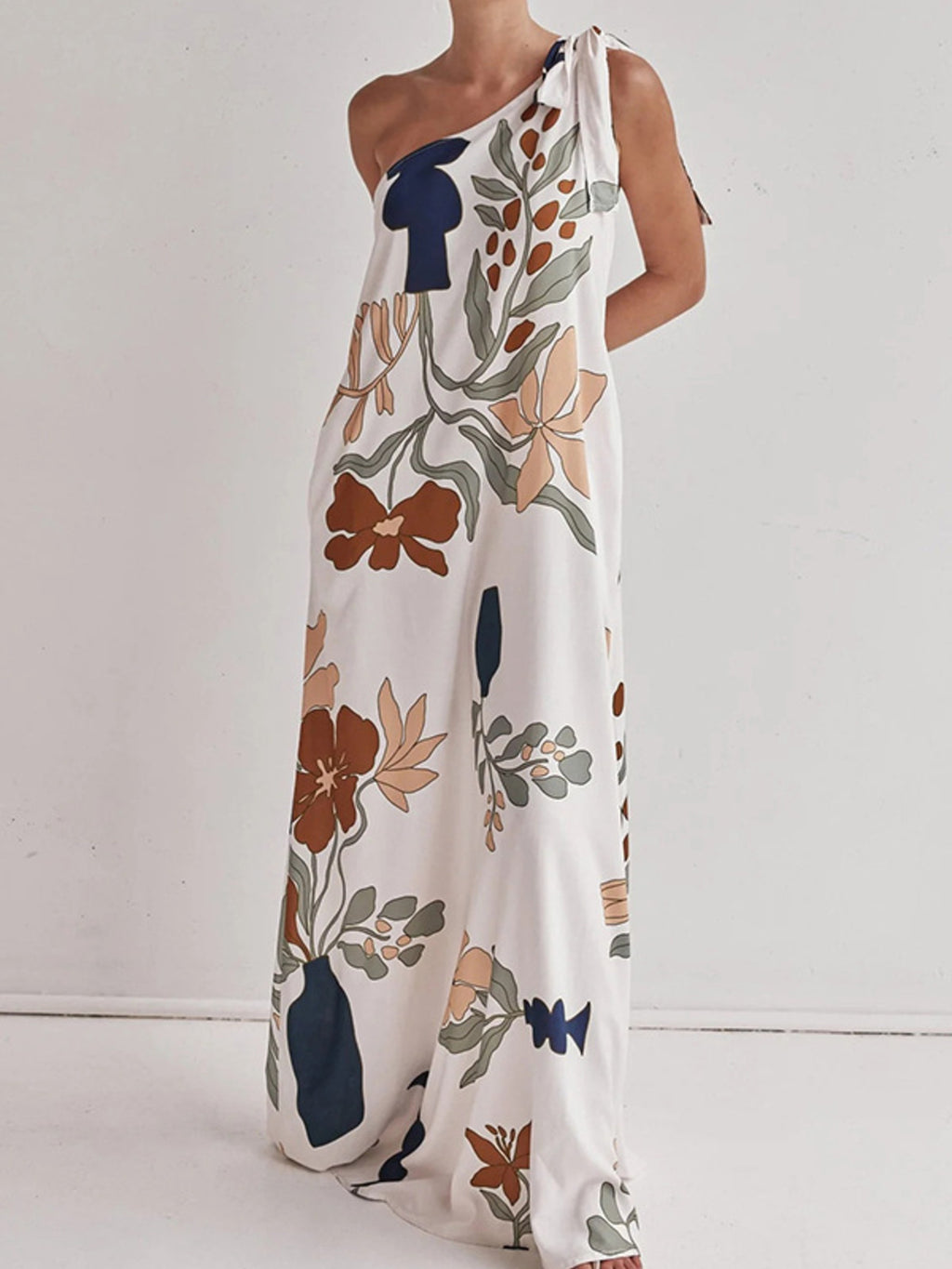 Bohemian Summer Maxi Dress Floral One-Shoulder Bow Tie Loose Pocketd