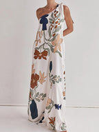Bohemian Summer Maxi Dress Floral One-Shoulder Bow Tie Loose Pocketd