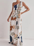 Bohemian Summer Maxi Dress Floral One-Shoulder Bow Tie Loose Pocketd