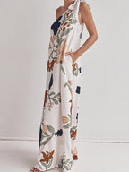 Bohemian Summer Maxi Dress Floral One-Shoulder Bow Tie Loose Pocketd