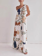 Bohemian Summer Maxi Dress Floral One-Shoulder Bow Tie Loose Pocketd