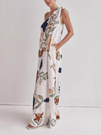 Bohemian Summer Maxi Dress Floral One-Shoulder Bow Tie Loose Pocketd