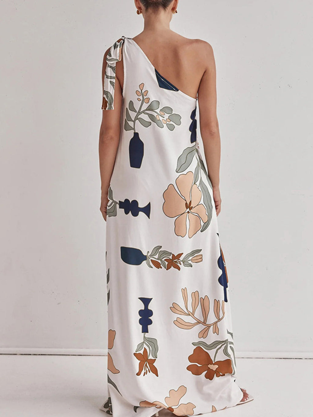 Bohemian Summer Maxi Dress Floral One-Shoulder Bow Tie Loose Pocketd